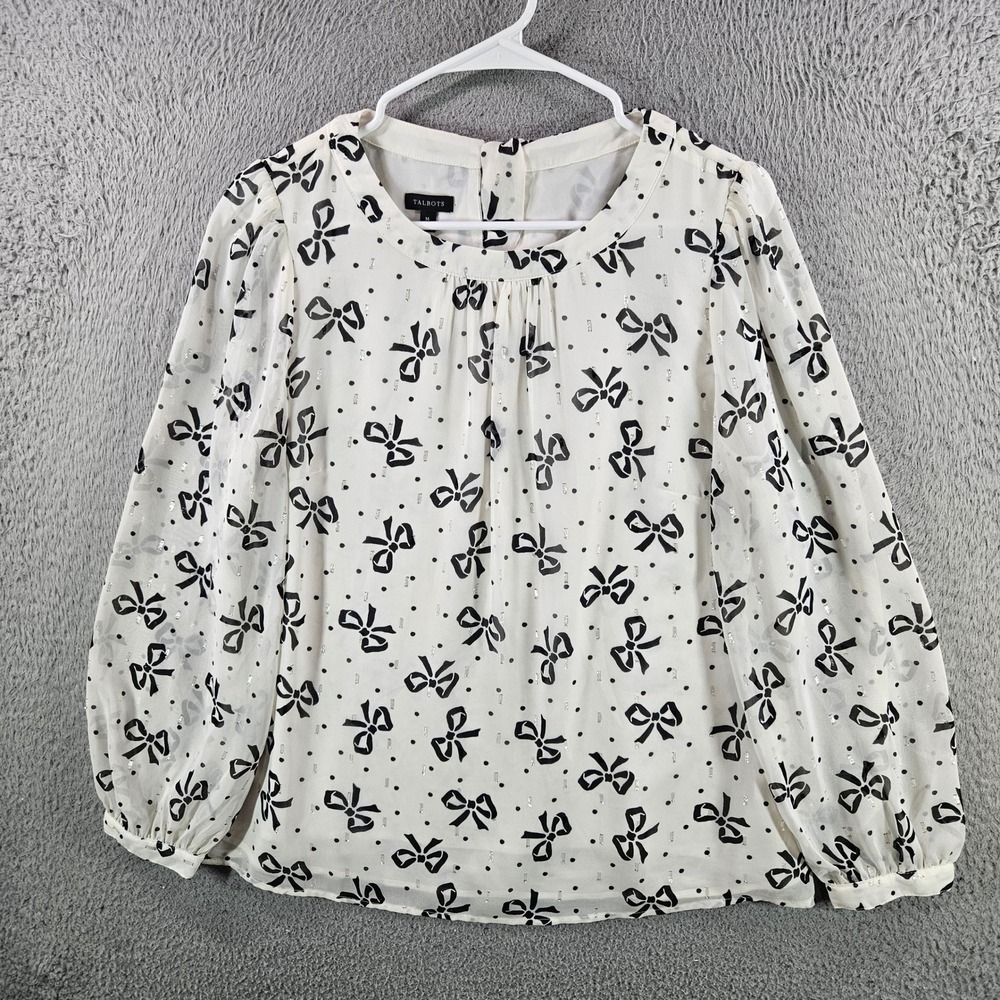 Talbots Womens White Black Bow Polka Dot Metallic Clip Dot Tie Back Blouse M